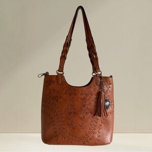 Sam & Hadley Brown Embossed Floral Crossbody Tote Bag with Tassel Heart Charm